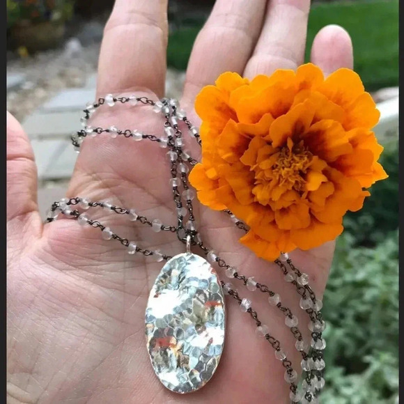 Nature’s Splendour®️LLC Jewelry - Crystal Quartz Long Necklace, Thai Hilltribe Silver Pendant, Hammered Silver